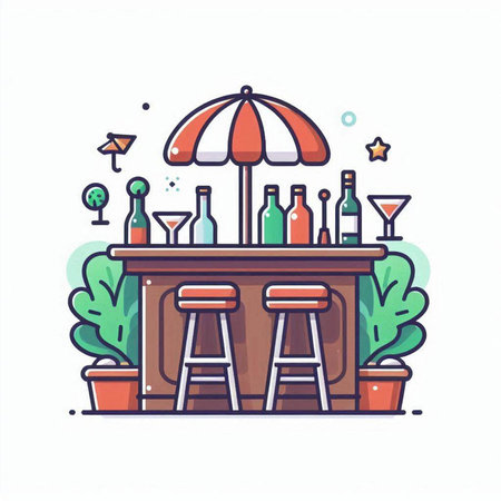 Bar counter with beer bottles and chairs. Vector illustration in line style.のイラスト素材