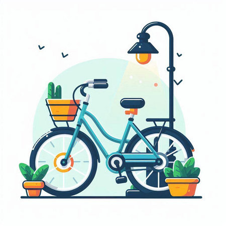 Bicycle with potted plants. Vector illustration in flat style.のイラスト素材