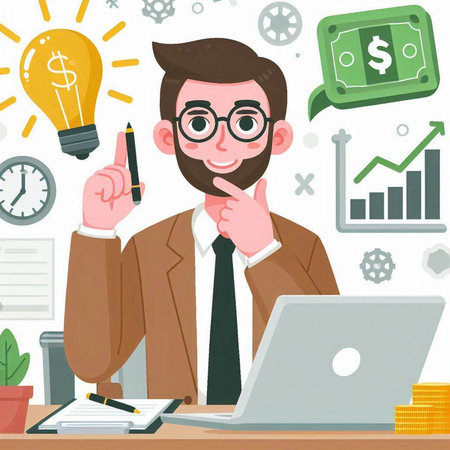 Businessman working at office. Vector illustration in flat cartoon style.のイラスト素材