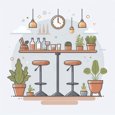 Vector illustration in flat linear style. Bar interior with furniture and accessories.のイラスト素材