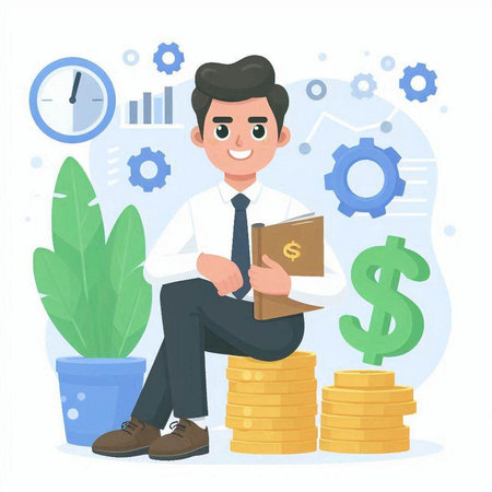 Businessman sitting on stack of coins. Vector illustration in cartoon styleのイラスト素材