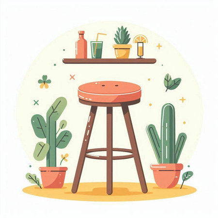 Vector illustration with wooden stool and potted plants in flat style.のイラスト素材