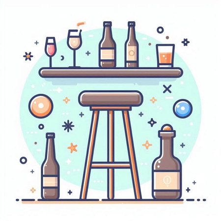 Bar counter with bottle of wine. Vector illustration in flat style.のイラスト素材