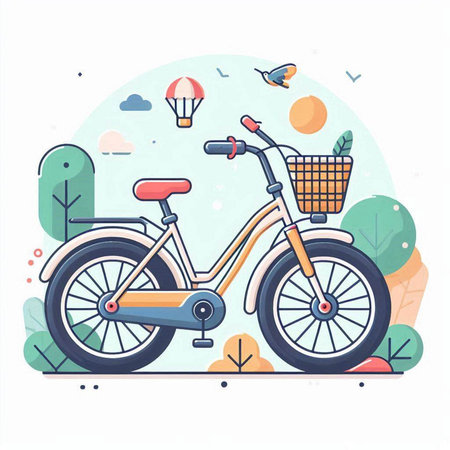 Bike with basket on the background of nature. Vector illustration.のイラスト素材