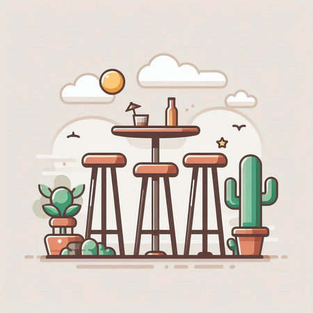 Vector illustration of a cafe with tables, chairs and cactiのイラスト素材