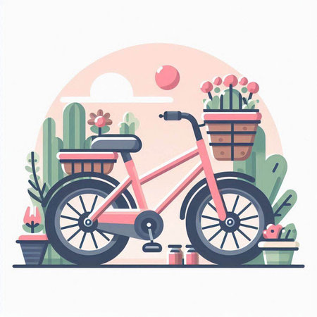Bicycle in the garden. Flat style vector illustration on white background.のイラスト素材
