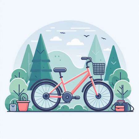 Bicycle in the park. Vector illustration in flat design style.のイラスト素材