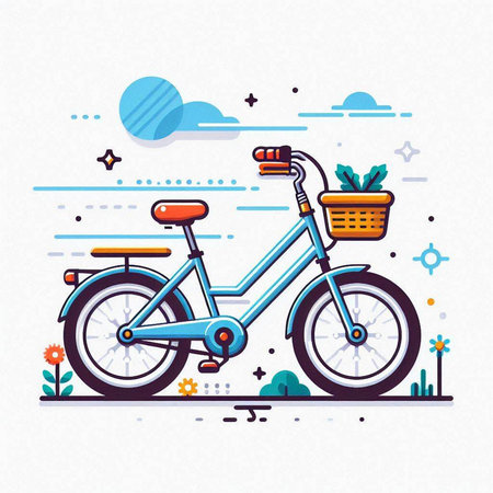 Bicycle with basket of flowers. Vector illustration in flat linear style.のイラスト素材