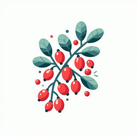Red rosehip berries with green leaves. Vector illustration isolated on white background.のイラスト素材