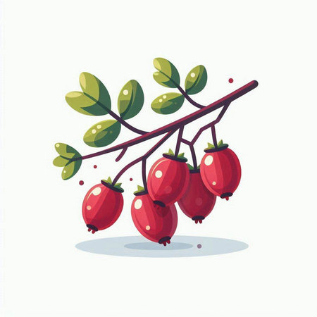 Ripe rosehip berries on a branch. Vector illustration in cartoon style.のイラスト素材