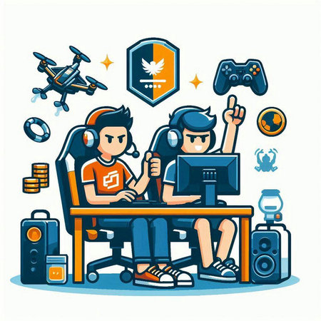 Vector illustration of gamer playing video games. Set of cartoon characters.のイラスト素材