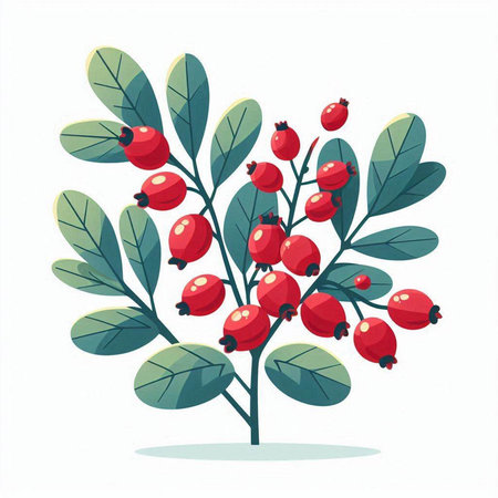 Vector illustration of rosehip branch with red berries on white background.のイラスト素材