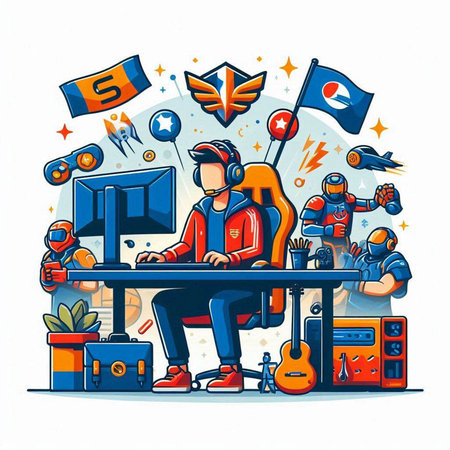 Vector illustration of a man playing video games on the internet. Cartoon style.のイラスト素材