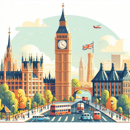 London, United Kingdom. Big Ben, Westminster Bridge, London bus and Houses of Parliament. Vector illustration.のイラスト素材