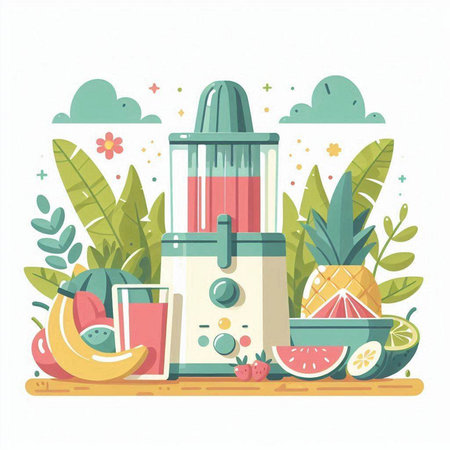 Vector illustration of juicer with fruits and vegetables. Flat style.のイラスト素材