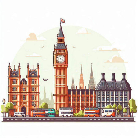 London cityscape with Big Ben, Houses of Parliament and cars. Vector illustration.のイラスト素材