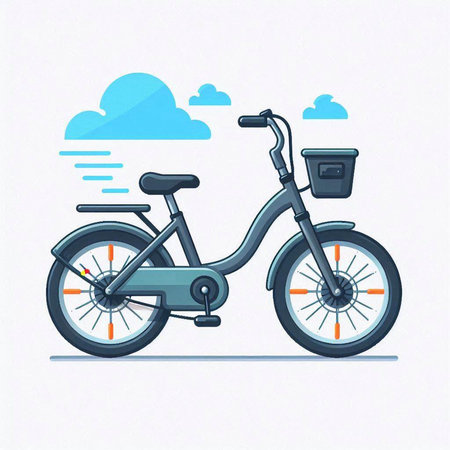 Vector illustration of a bicycle in flat style with clouds and sky.のイラスト素材