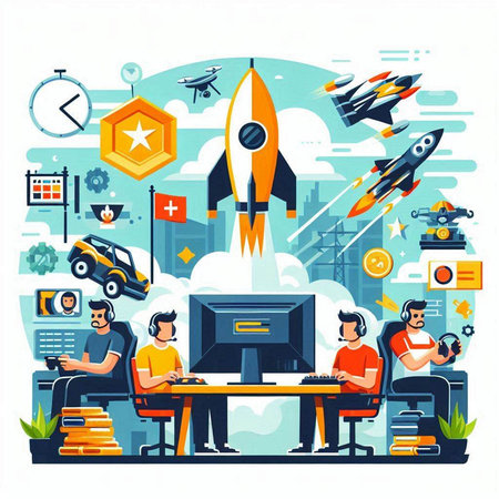 Startup business concept in flat style. Vector illustration with rocket, computer, people and iconsのイラスト素材
