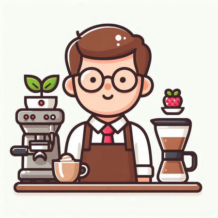 Coffee shop barista with coffee machine. Vector illustration.のイラスト素材