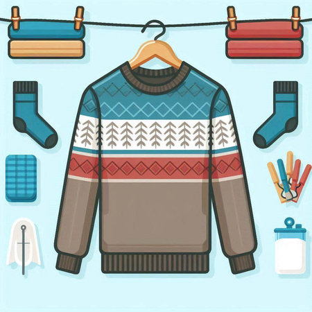 Winter sweater and accessories on a clothesline. Vector illustration in flat styleのイラスト素材