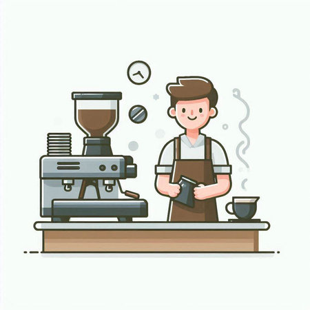 Coffee shop vector illustration. Barista with coffee machine.のイラスト素材