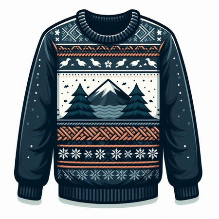 Winter sweater with snowflakes and mountains on a white background.のイラスト素材