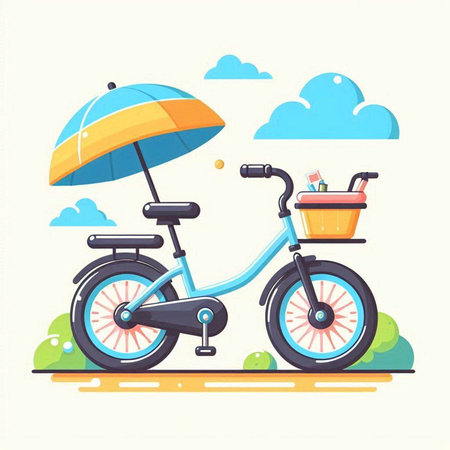 Bicycle with umbrella and food basket. Flat style vector illustration.のイラスト素材