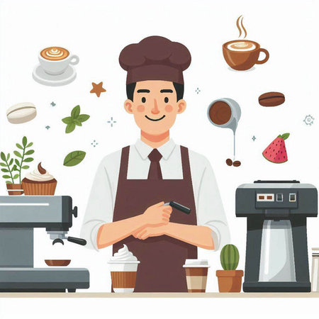 Coffee shop concept with barista making coffee. Vector illustration.のイラスト素材