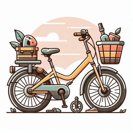 Hand drawn vector illustration of a vintage bike with basket full of food.のイラスト素材