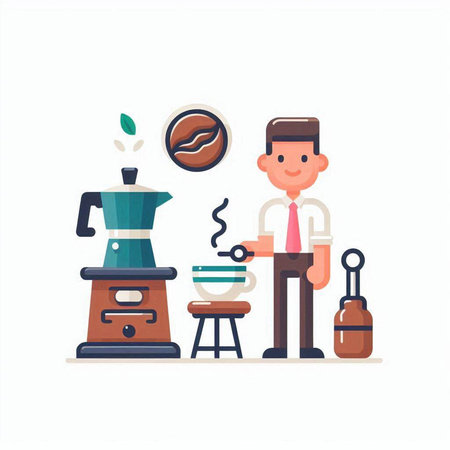 Coffee maker and barista. Vector illustration in flat styleのイラスト素材