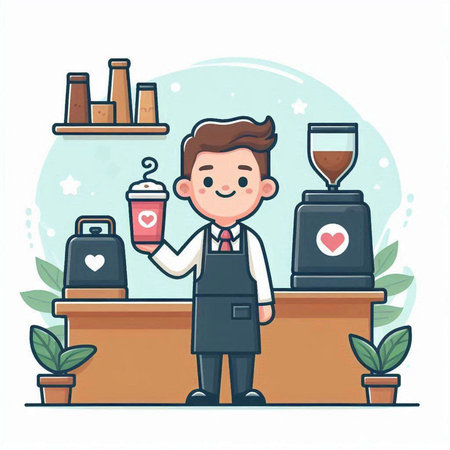 Coffee shop barista with coffee cup. Vector flat illustrationのイラスト素材