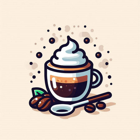 Coffee cup with whipped cream and coffee beans. Vector illustration.のイラスト素材