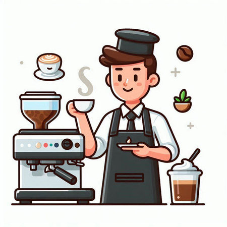 Coffee shop barista with coffee machine. Vector illustration.のイラスト素材