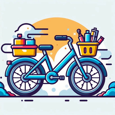 Bike with a basket of stationery. Flat style vector illustration.のイラスト素材