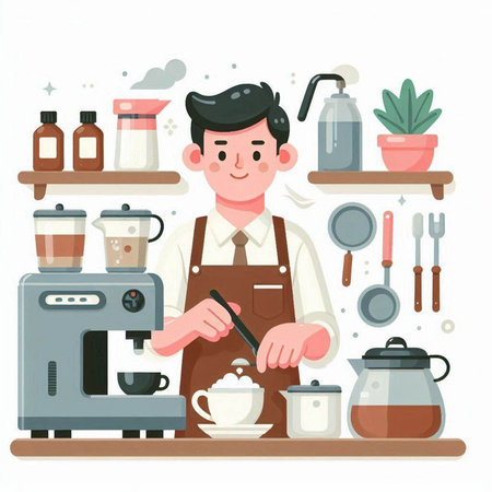 Coffee shop. Barista making coffee. Vector illustration.のイラスト素材