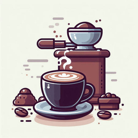 Coffee cup and coffee grinder. Vector illustration in flat styleのイラスト素材