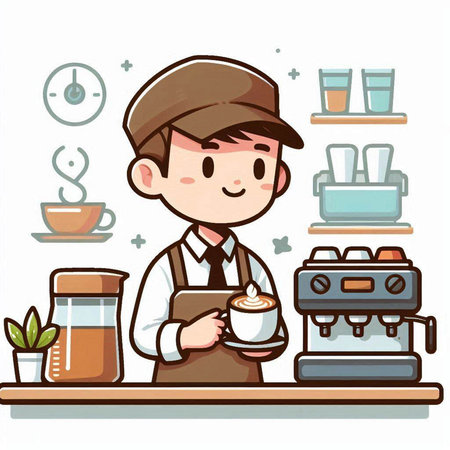 Coffee shop barista with cup of coffee. Vector illustration.のイラスト素材