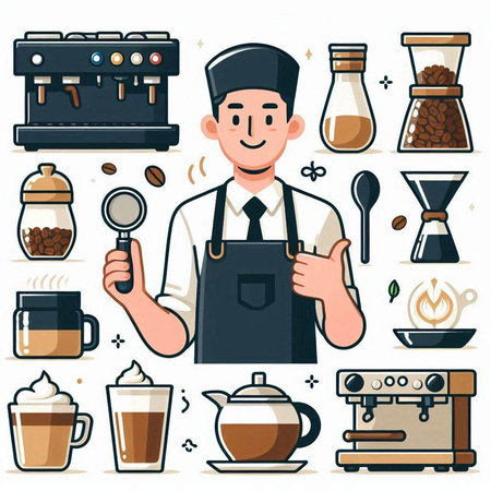 Coffee shop and barista, coffee maker and coffee maker. Vector illustrationのイラスト素材