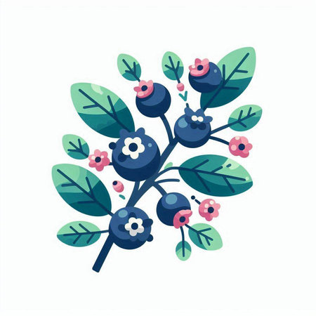Blueberry branch with berries and leaves. Vector illustration in flat style.のイラスト素材