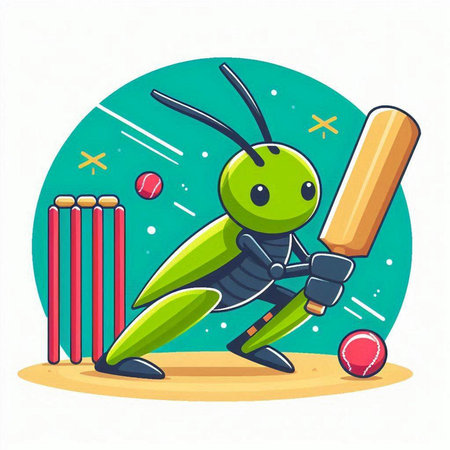 Cricket vector illustration. Cartoon grasshopper playing cricket.のイラスト素材