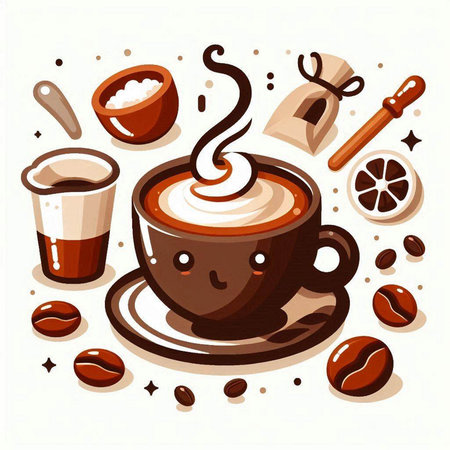 Coffee cup with latte art and coffee beans. Vector illustration.のイラスト素材