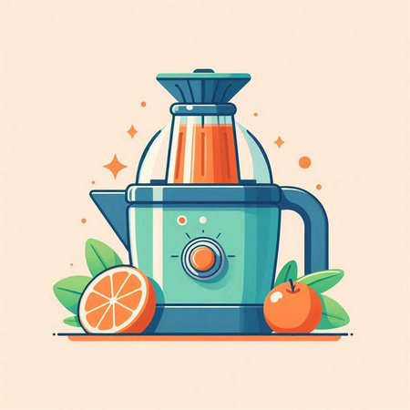 Vector illustration of a juicer with oranges and fruits. Flat style.のイラスト素材