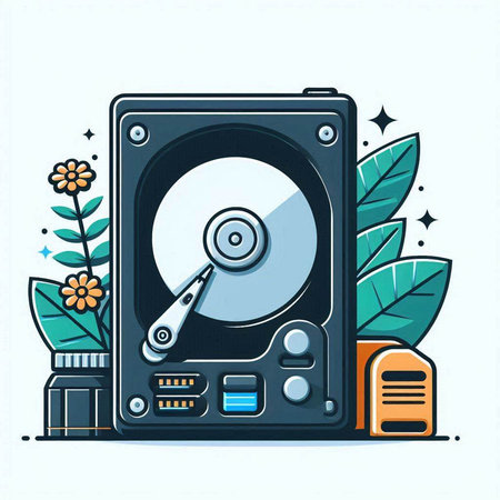 Vector illustration of hard disk drive in flat design style with floral elements.のイラスト素材