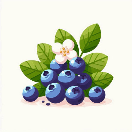 Blueberry vector illustration. Fresh blueberries with leaves and flower.のイラスト素材