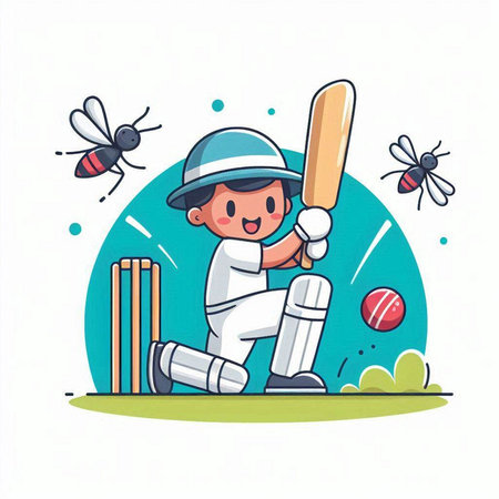 Cricket player playing cricket. Cute cartoon vector illustration.のイラスト素材