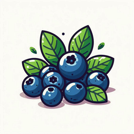 Blueberry fruit with leaves and berries. Vector illustration in cartoon style.のイラスト素材