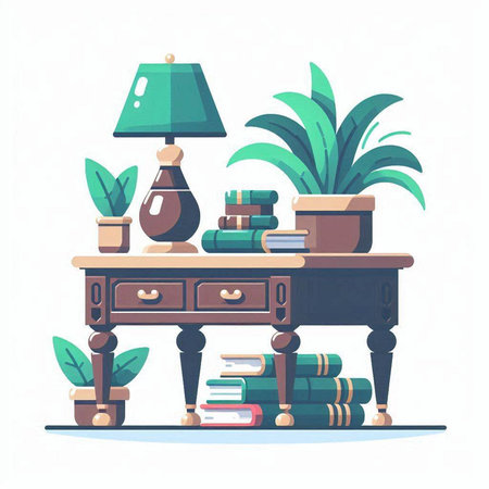 Wooden desk with books, lamp and plants. Flat vector illustration.のイラスト素材