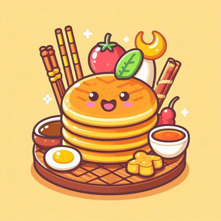 Kawaii pancake character with various food. Vector illustration.のイラスト素材