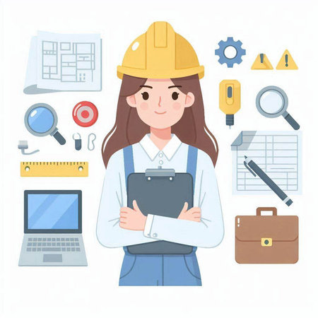 Female construction engineer with safety helmet. Vector illustration in cartoon style.のイラスト素材