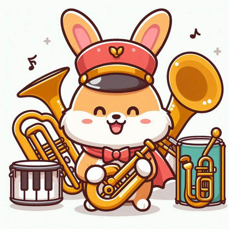 Cute cartoon rabbit playing trumpet and music instruments. Vector illustration.のイラスト素材